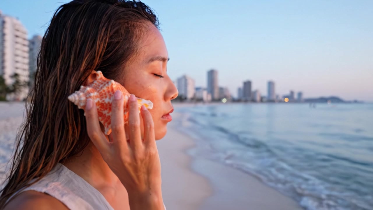 A Serene Moment by the Beach: A Woman Holding a Shell to Her Ear, Listening to the Ocean's Whisper as Waves Gently Lapping Against the Shore at Dusk