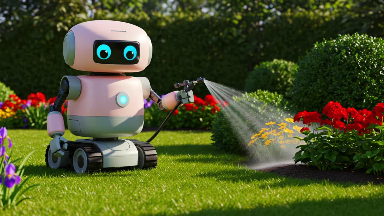 Innovative Gardening Robot Spraying Colorful Flowers in Lush Garden Environment, Showcasing Advanced Technology for Outdoor Plant Care and Maintenance