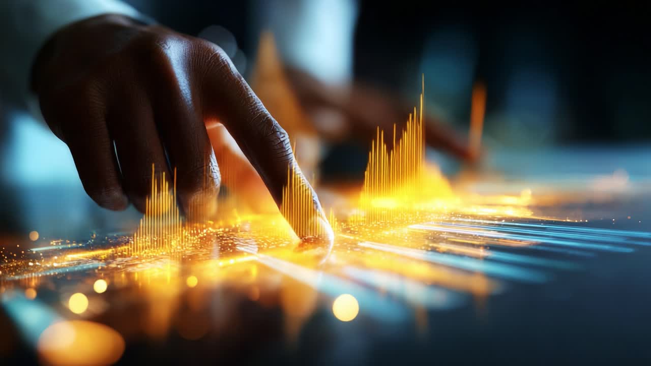 A close-up of a hand interacting with a digital interface displaying vibrant sound waveforms, illustrating advanced technology and data visualization in a dynamic environment