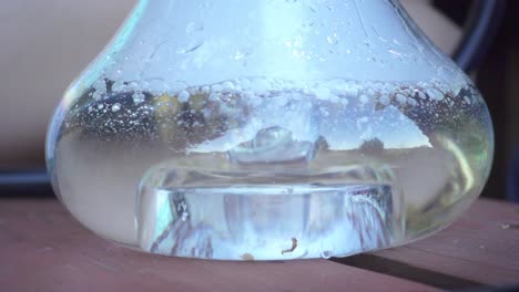 burbujas de aire en un frasco de vidrio de agua transparente para fumar narguile
