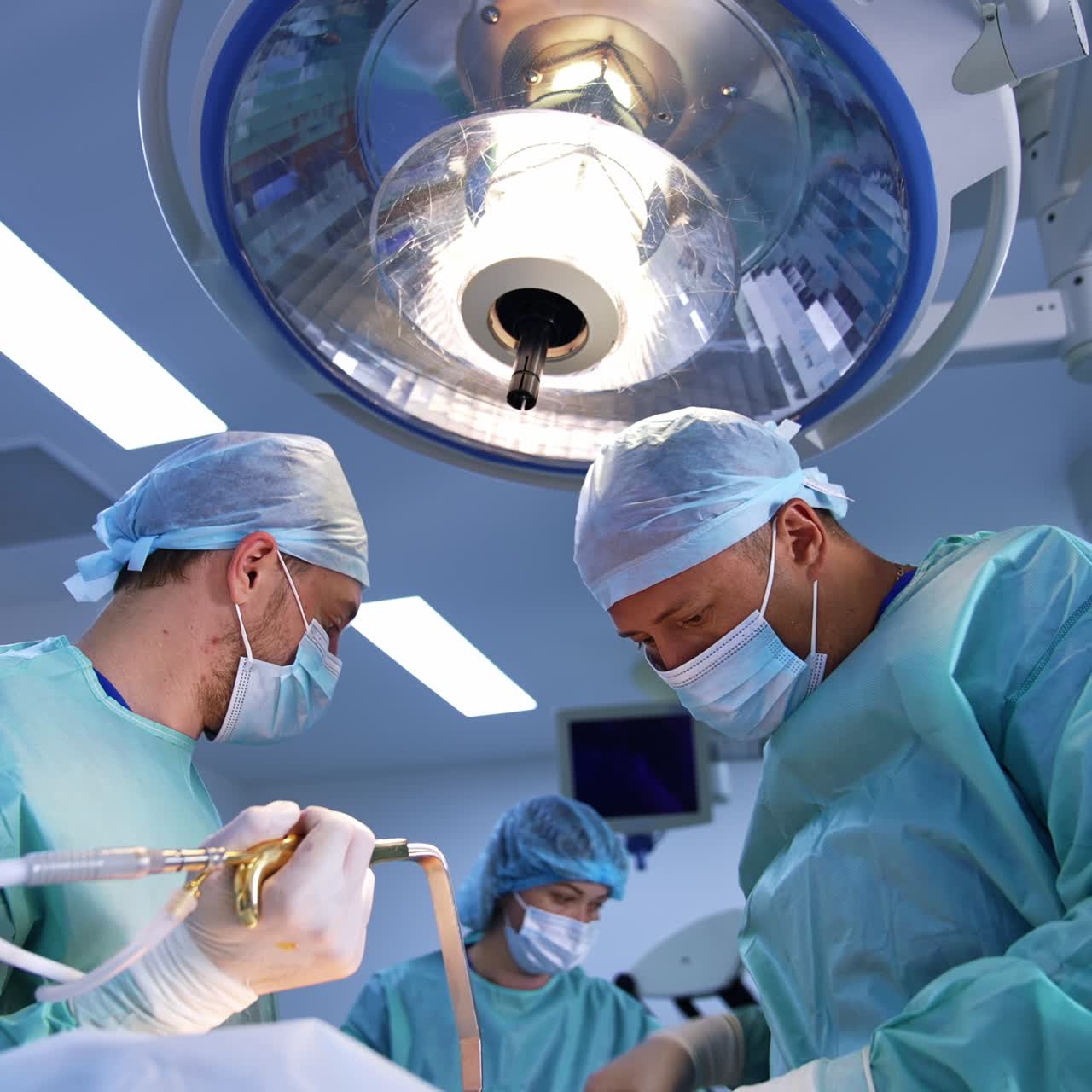 Doctors hold and use modern appliances for surgical operation. Big lamp hanging over the surgeons at operational room