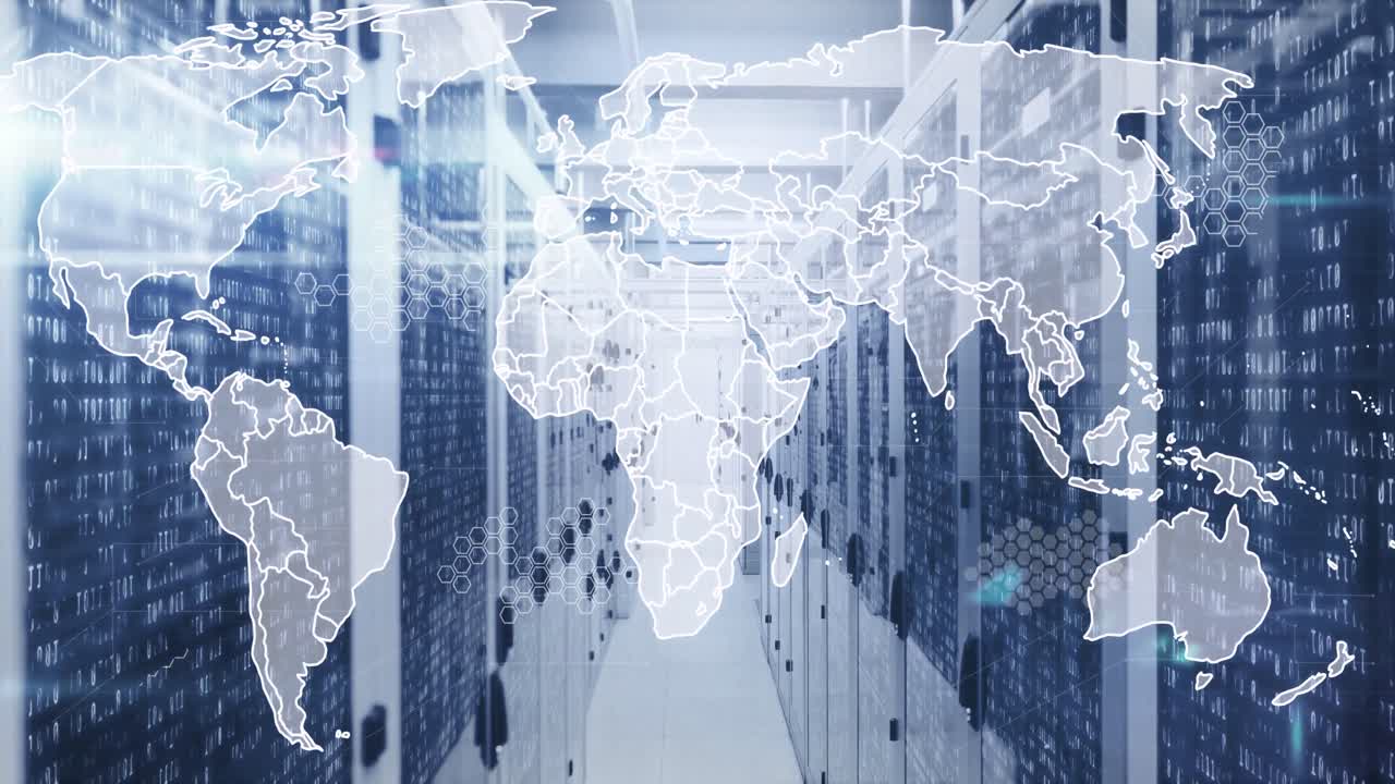 Animation of world map, statistics and data processing over computer servers