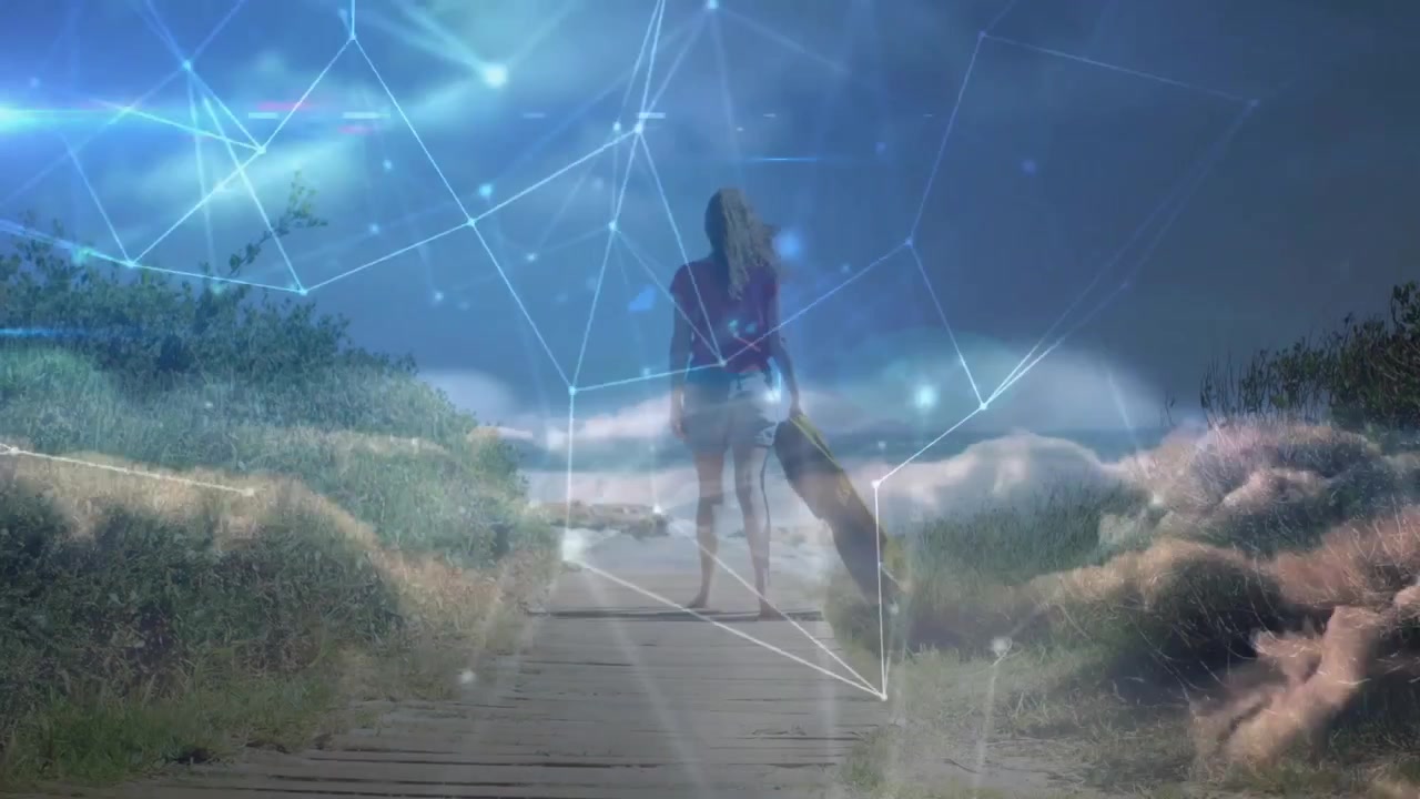 Donna che porta una tavola da surf cammina su una passerella, attivando sovrapposizioni di rete tecnologiche verso la costa.