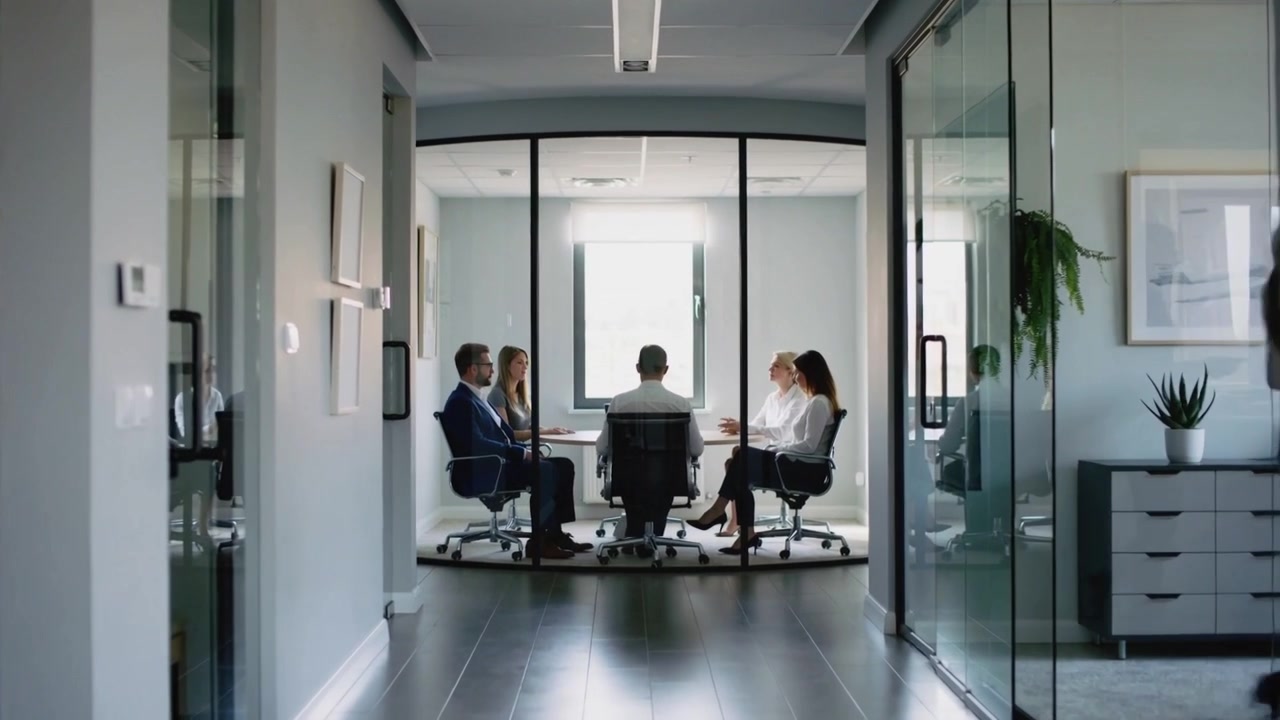 Passersby moving, four staff in suits holding meeting in glass room, reviewing tablet notes