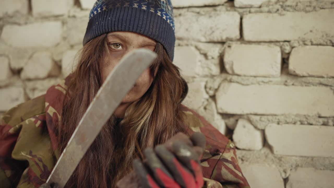 Primer plano de un niño exiliado con la cara sucia y el pelo largo afilando una cuchilla sobre una piedra con una mano enguantada, el filo de metal raspando la superficie rugosa contra una pared de ladrillo desgastada