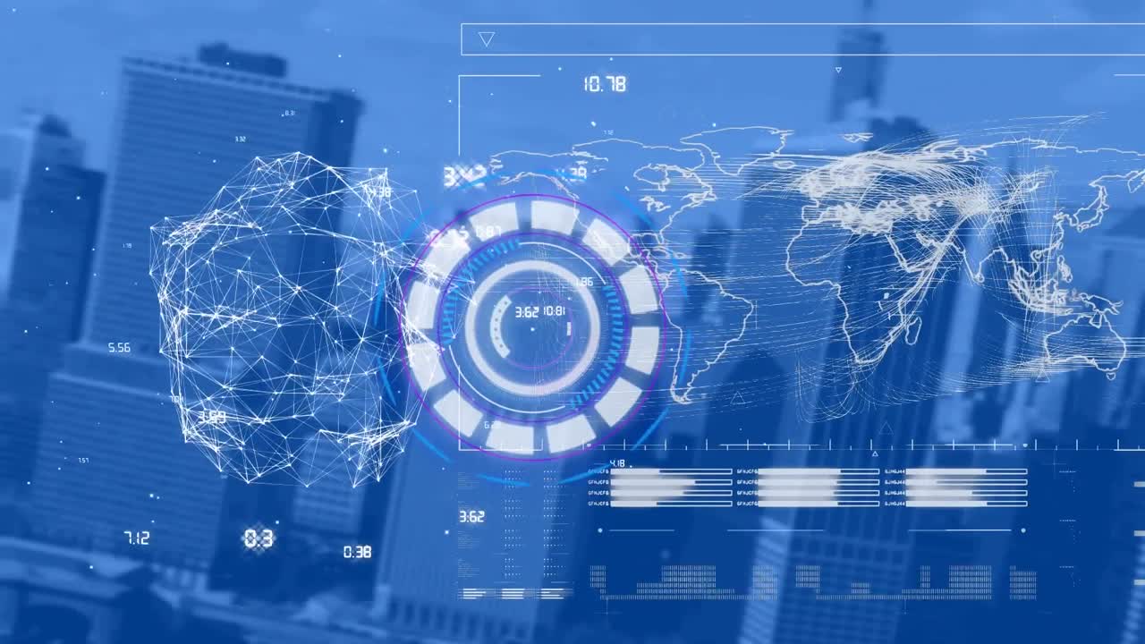 Animation of scope scanning, numbers and data processing on blue background