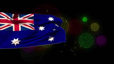 animation of flag of australia over shapes and fireworks on black backrgound