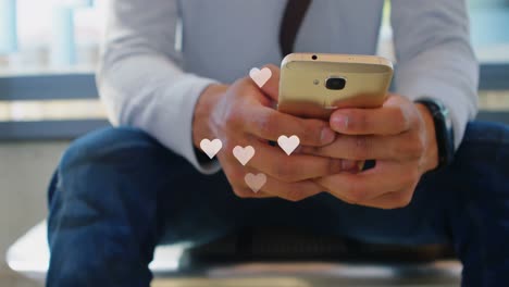 animation of caucasian woman using smartphone over cityscape