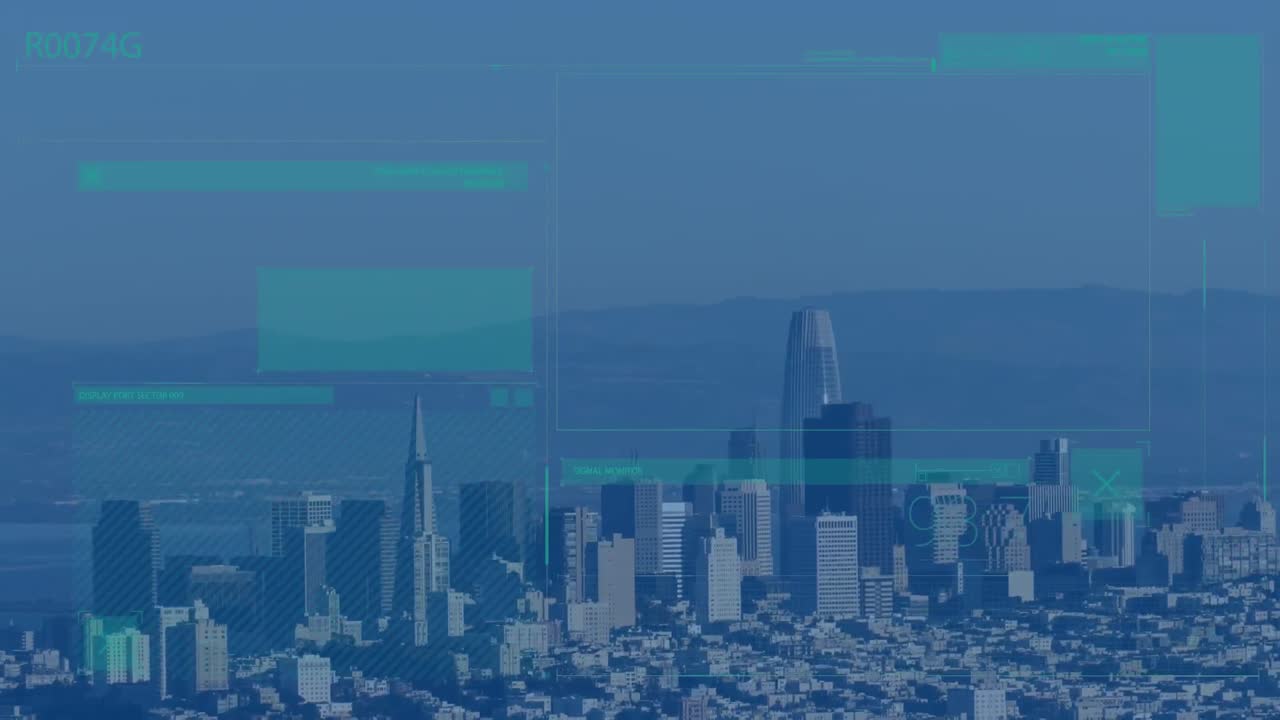 도시 풍경의 공중 전망에 대한 데이터 처리와의 인터페이스의 애니메이션