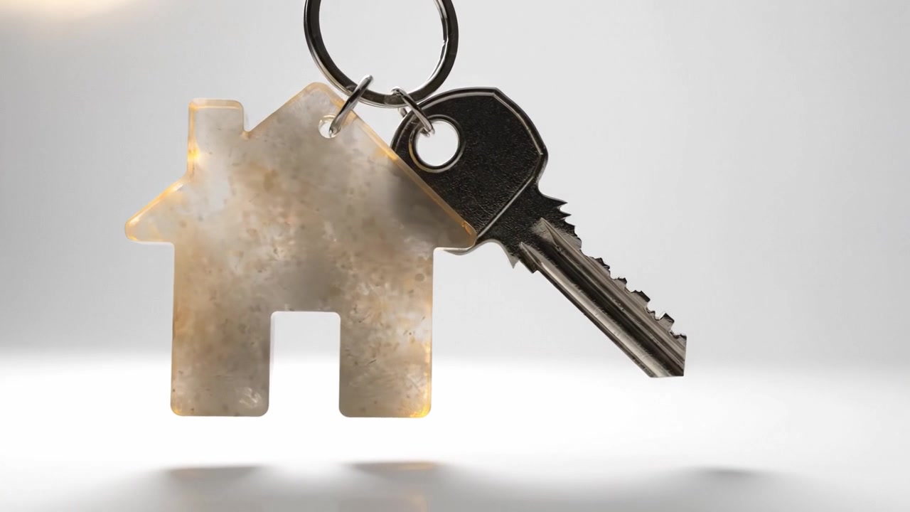 Un portachiavi con chiave e casa che simboleggia la sicurezza domestica, l'appartenenza e la connessione essenziale allo spazio personale, rappresentato in due cornici