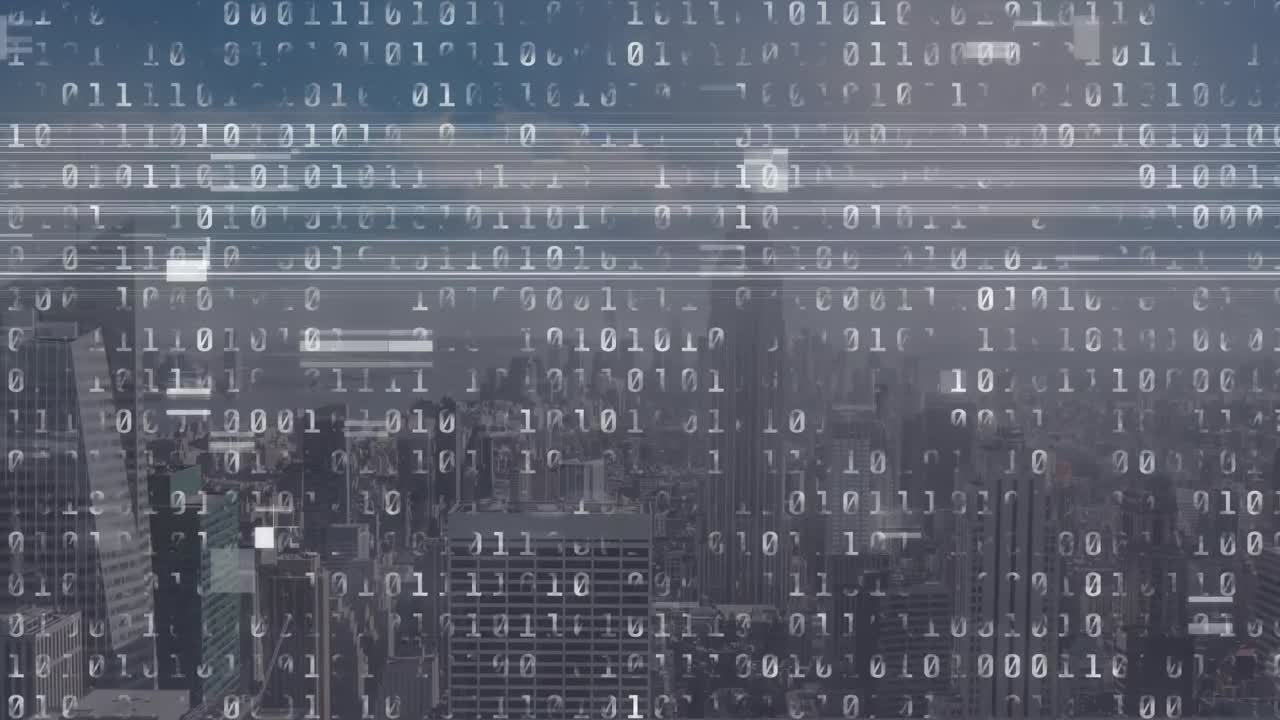 Animation of data processing over cityscape