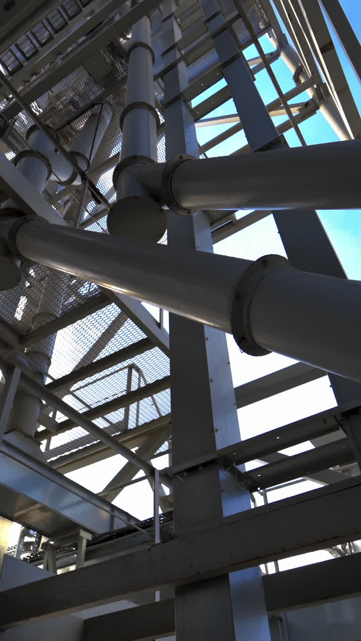 Industrial plant with pipes. Metal structure on a modern granary. Steel frame construction against the sunlight. Modern storehouse. Vertical video