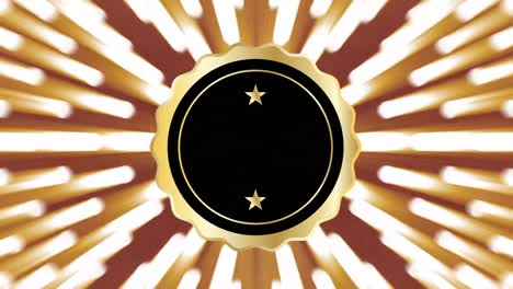 animation of gold framed black roundel with two gold stars, over moving spotlights on brown