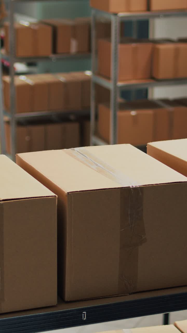 Vertical video: Warehouse filled with raw materials and racks to put cardboard boxes