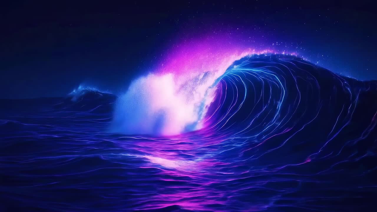 Vibrant neon wave art, low-angle view, resembling a video game scene with glowing colors