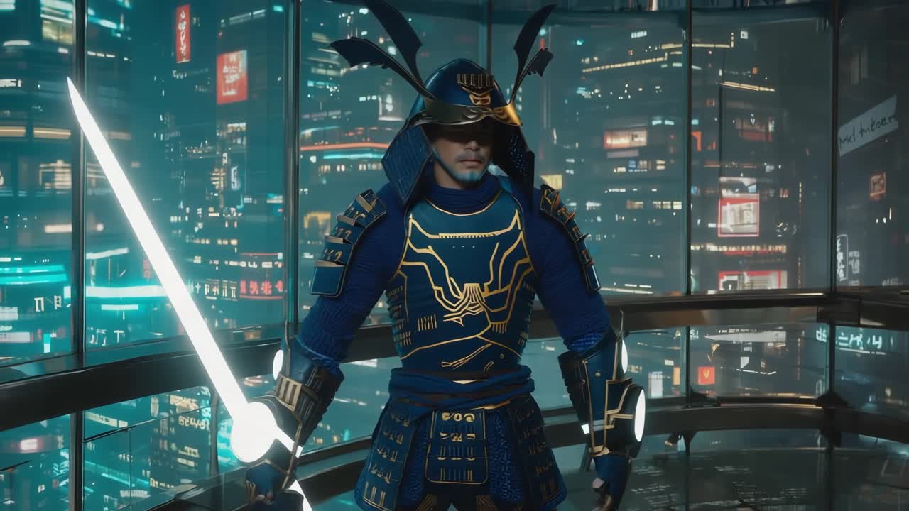 Cyberpunk Samurai in Futuristic Cityscape