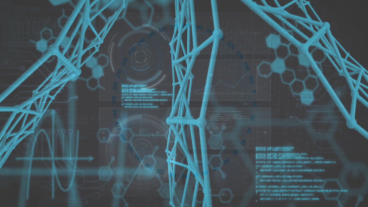 Digital interface with blue geometric structures processing data in animation design