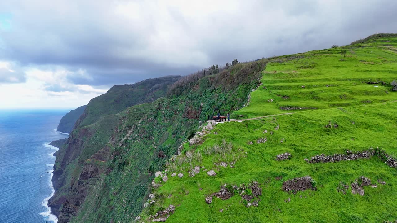 Rotating Aerial View of Dramatic Cliffside Overlooking the Atlantic at Miradouro da Boa Morte, Madeira