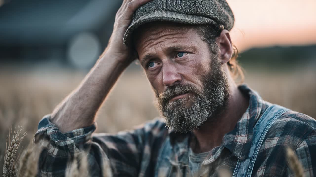 A thoughtful farmer reflects on the challenges and beauty of rural life while standing in a golden wheat field at sunset, captured in two poignant frames