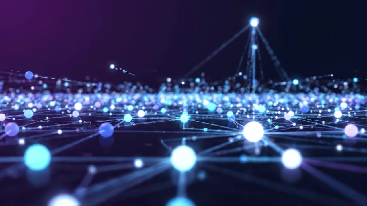 A mesmerizing visualization of interconnected glowing spheres and networks, illustrating the beauty of abstract technology and data in a digital universe.
