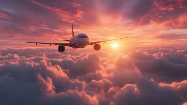 Un avion époustouflant s’élève au-dessus des nuages au coucher du soleil, mettant en valeur les magnifiques couleurs du ciel et la sérénité du voyage aérien dans cette scène captivante.