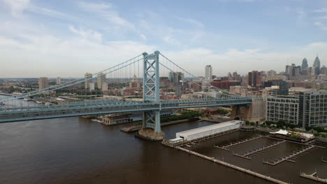 aerial view pan right of philadelphia ben franklin bridge and skyline in the summer with cars and traffic driving on the road with blue skies