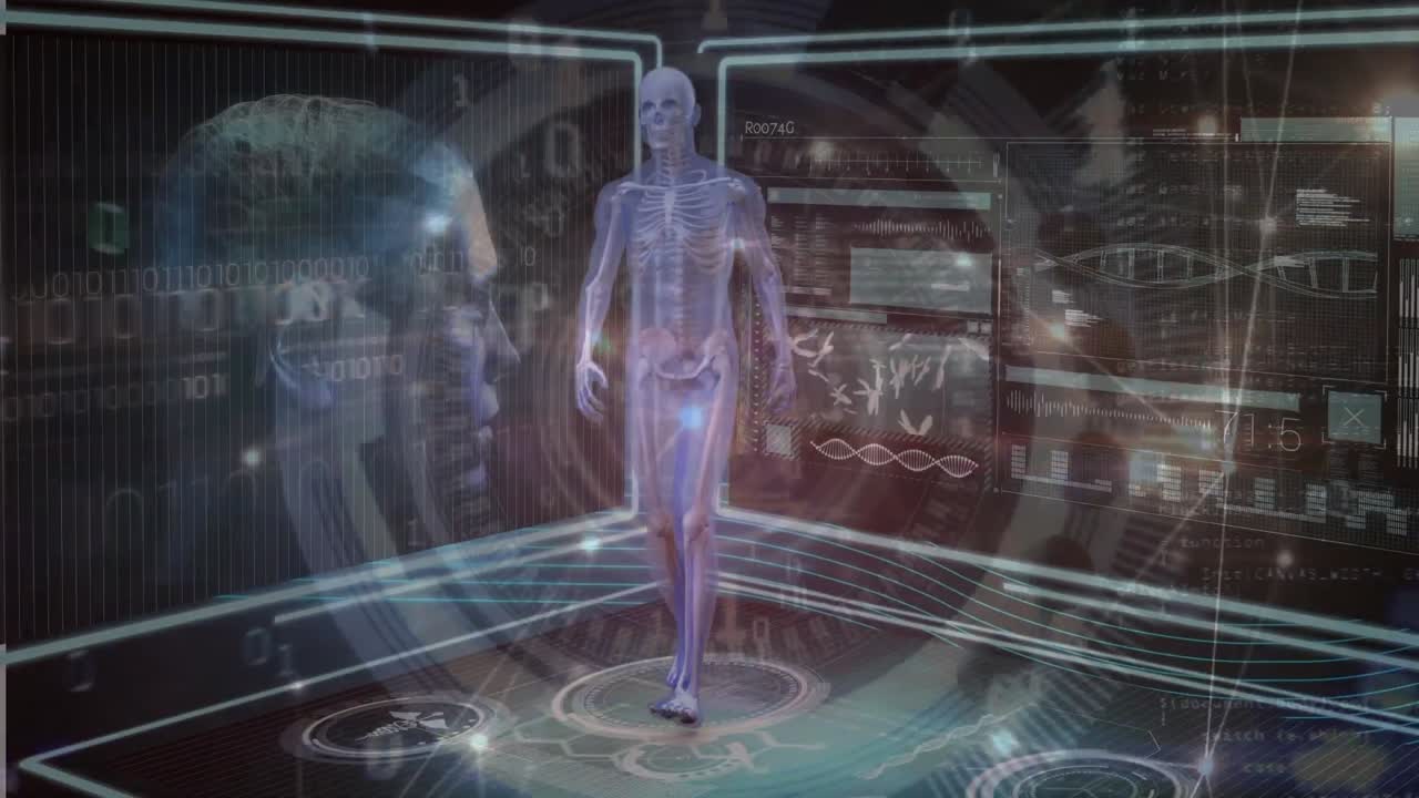 Animation of dna strand spinning over human body, scientific data processing on blue background