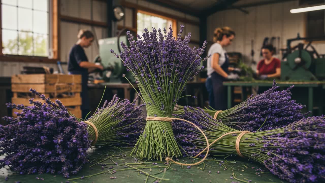 Lavender Harvesting and Bundling Process in a Rustic Workshop: Capturing the Art of Creating Beautiful Lavender Bouquets