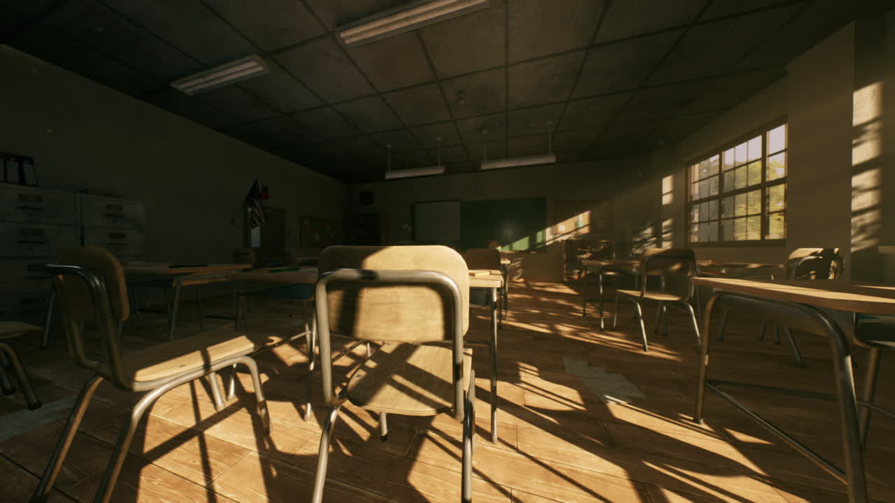 창문 을 통해 빛 이 아지는  빈 교실