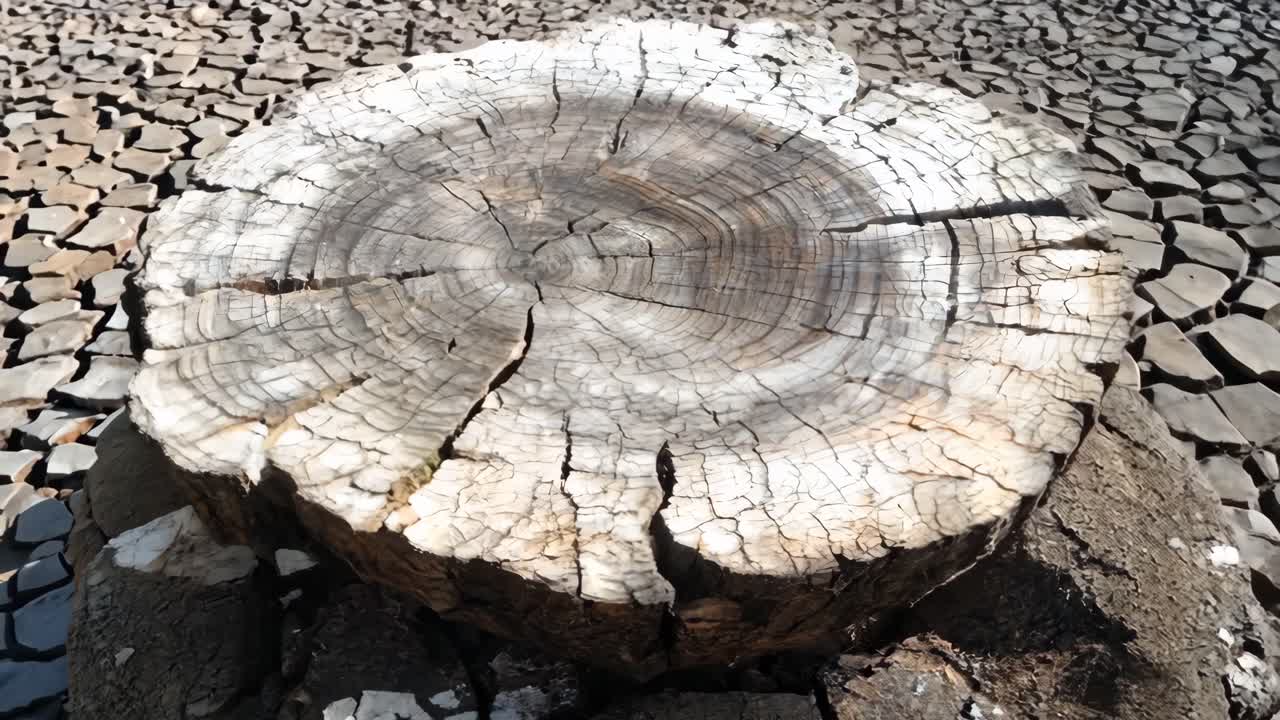 A large tree stump with many cracks and holes. The stump is surrounded by dirt and he is weathered