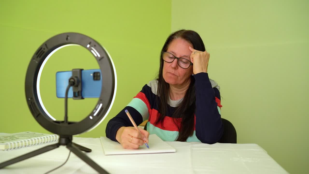 mujer de mediana edad pensando antes de escribir en el bloc durante la clase en línea