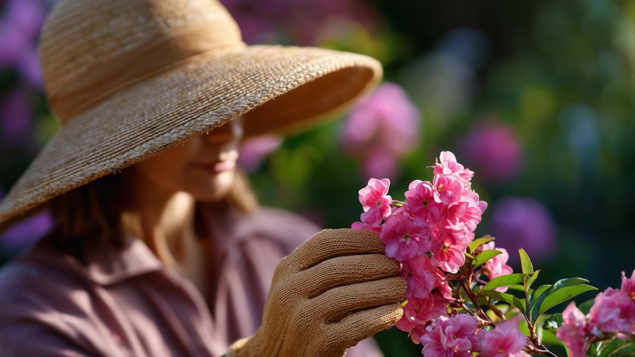 Un giardiniere premuroso si prende cura delicatamente di vivaci fiori rosa con un cappello da sole in un giardino fiorito, abbracciando la bellezza e la serenità della natura.