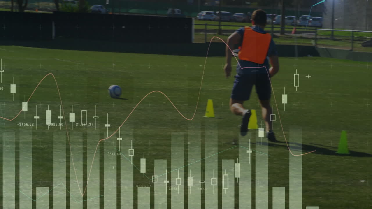 Animation of data processing over diverse soccer players exercising at stadium