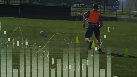 animation of data processing over diverse soccer players exercising at stadium