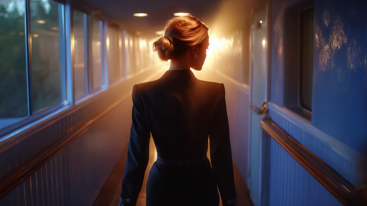 A silhouette of an elegantly dressed figure walking through a softly lit hallway, illuminated by warm sunlight streaming from the end, creating an ethereal and contemplative atmosphere