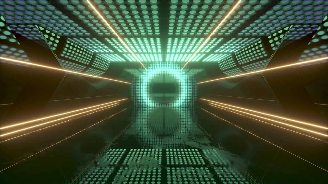 Go forward in futuristic room with glowing neon lights, 3d rendering.