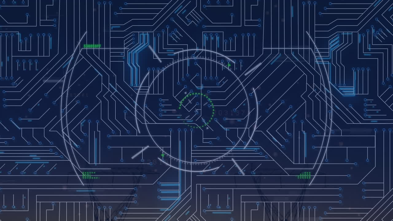 마이크로프로세서 연결에 대한 네온 사각형 위의 시작 텍스트의 디지털 애니메이션