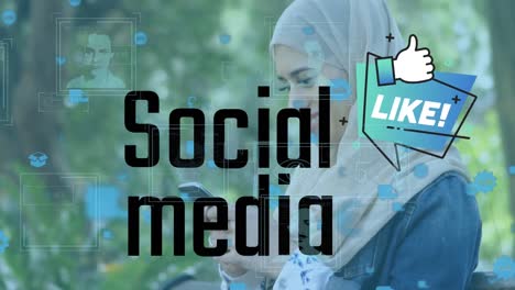 animation of social media and like over happy biracial woman in hijab using smartphone