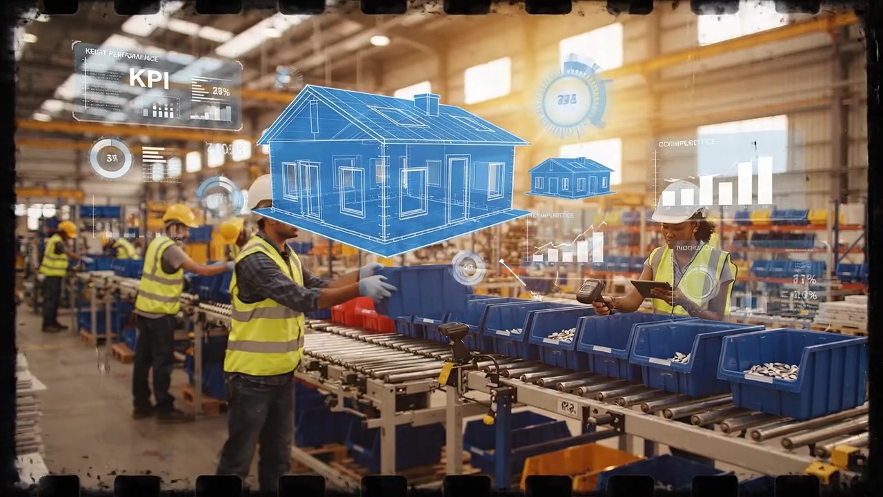 Factory Workers Interacting with Augmented Reality House Blueprint and KPI