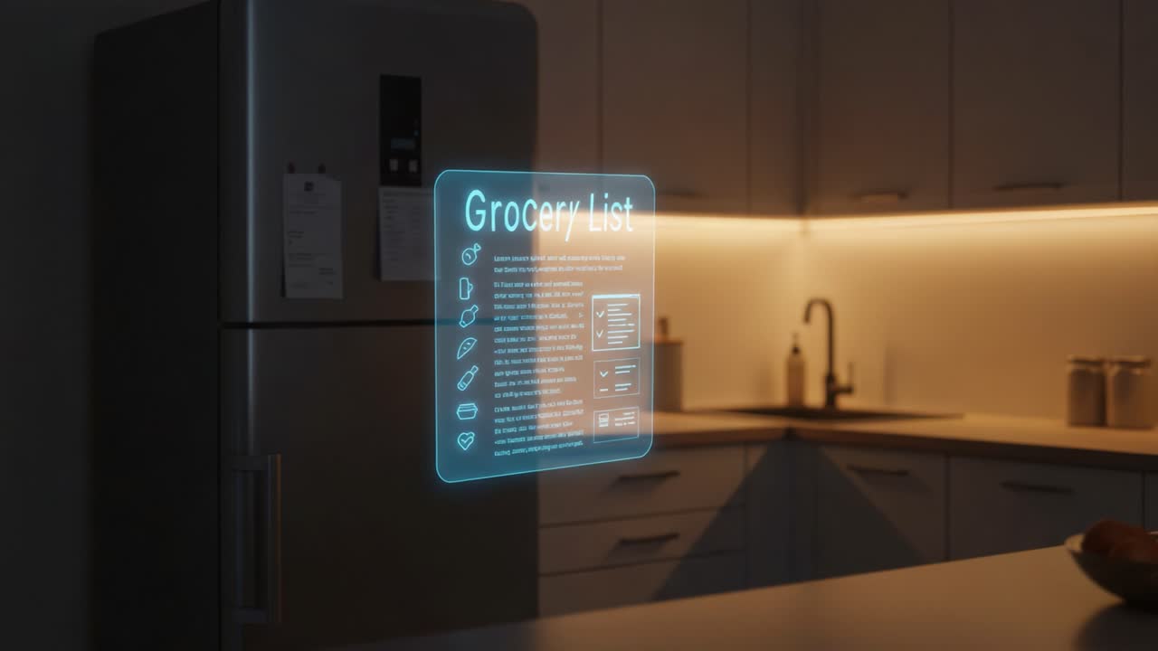 A Modern Kitchen Featuring a Stylish Refrigerator and a High-Tech Grocery List Displayed on a Futuristic Screen in a Cozy Ambient Setting