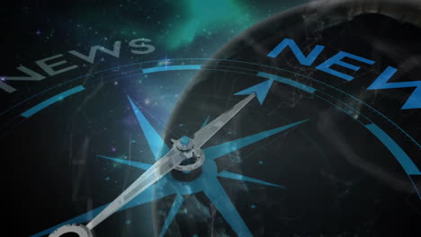 animation of magnetic needle on compass pointing to news text over globe in space