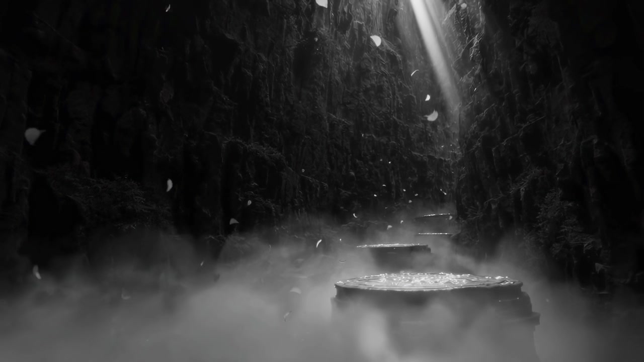 Raggi di luce eterei e petali che cadono in un canyon monocromatico nebbioso