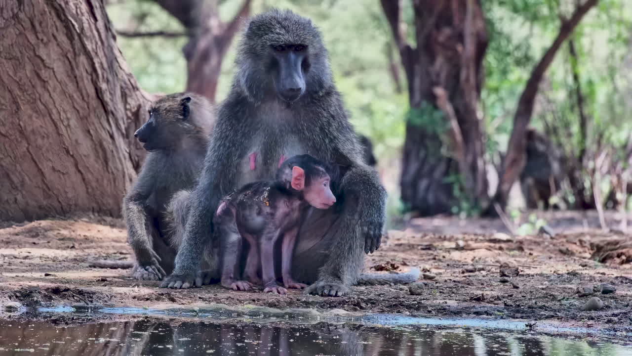 Un ritratto commovente di una famiglia di babbuini con un minuscolo neonato a una pozza d'acqua
