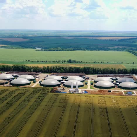 aerial view of biogas plant. aerial view of big biogas plant in fields