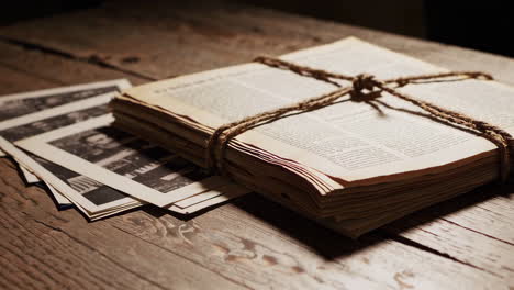 old newspapers and photos on wooden table