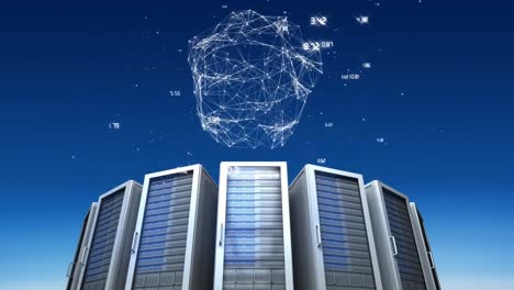 animation of globe of network of connections over computer servers against bue background