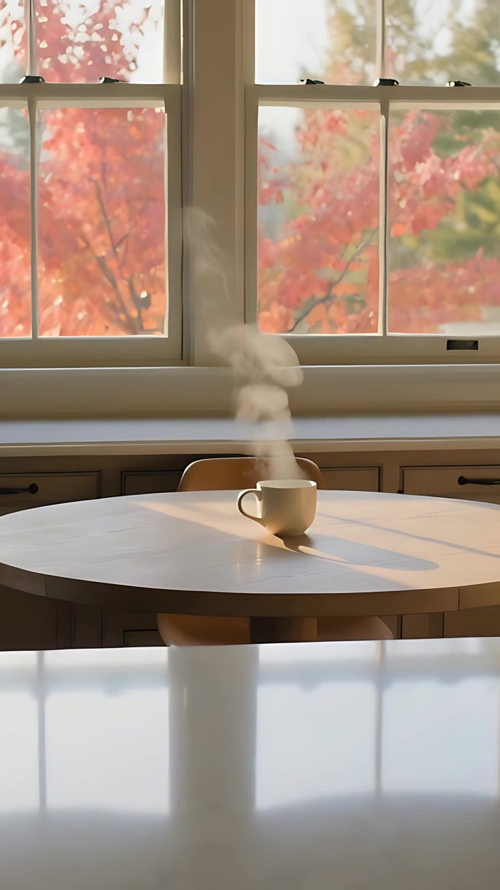Vertical video: Steaming mug releasing plume from hot drink on table in kitchen, window panes