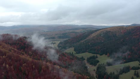 beautiful aerial flight over valley between forest hills with colorful autumn foliage