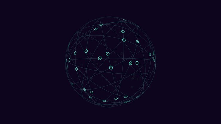sfera futuristica da linee al neon e punti su sfumatura nera