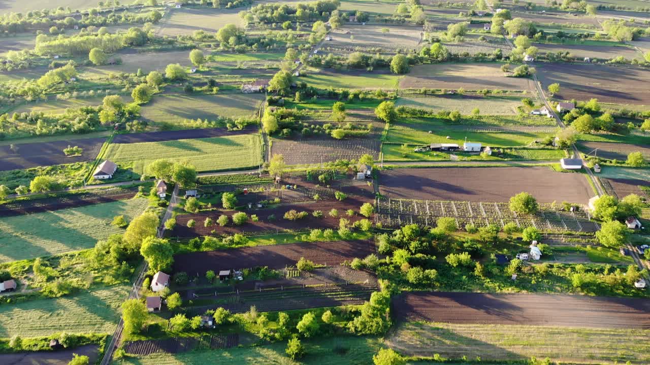 Fly over gardens during sunset with long shadows - drone shot